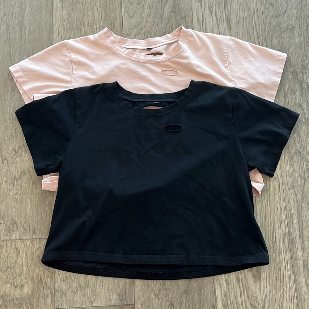 2- Short Sleeve Tee Bundle-  Distressed Ripped Crop T-Shirt Tops, size S